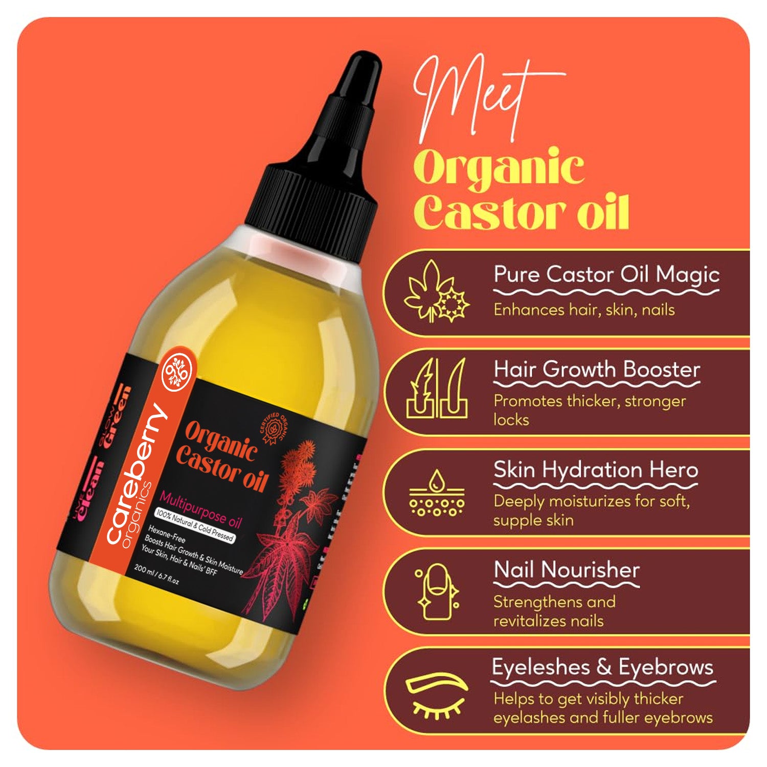 Organic Hexane Free Castor Oil (Arandi Oil) Multipurpose for Hair, Skin, & Nails - 200ml