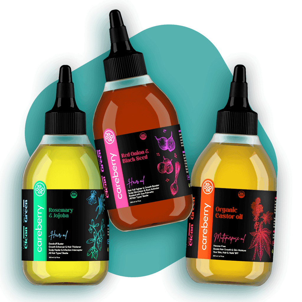 Organic Hair Care Power Trio: Red Onion & Black Seed, Rosemary & Jojoba, Castor Oil Combo (200ml each) - Careberry