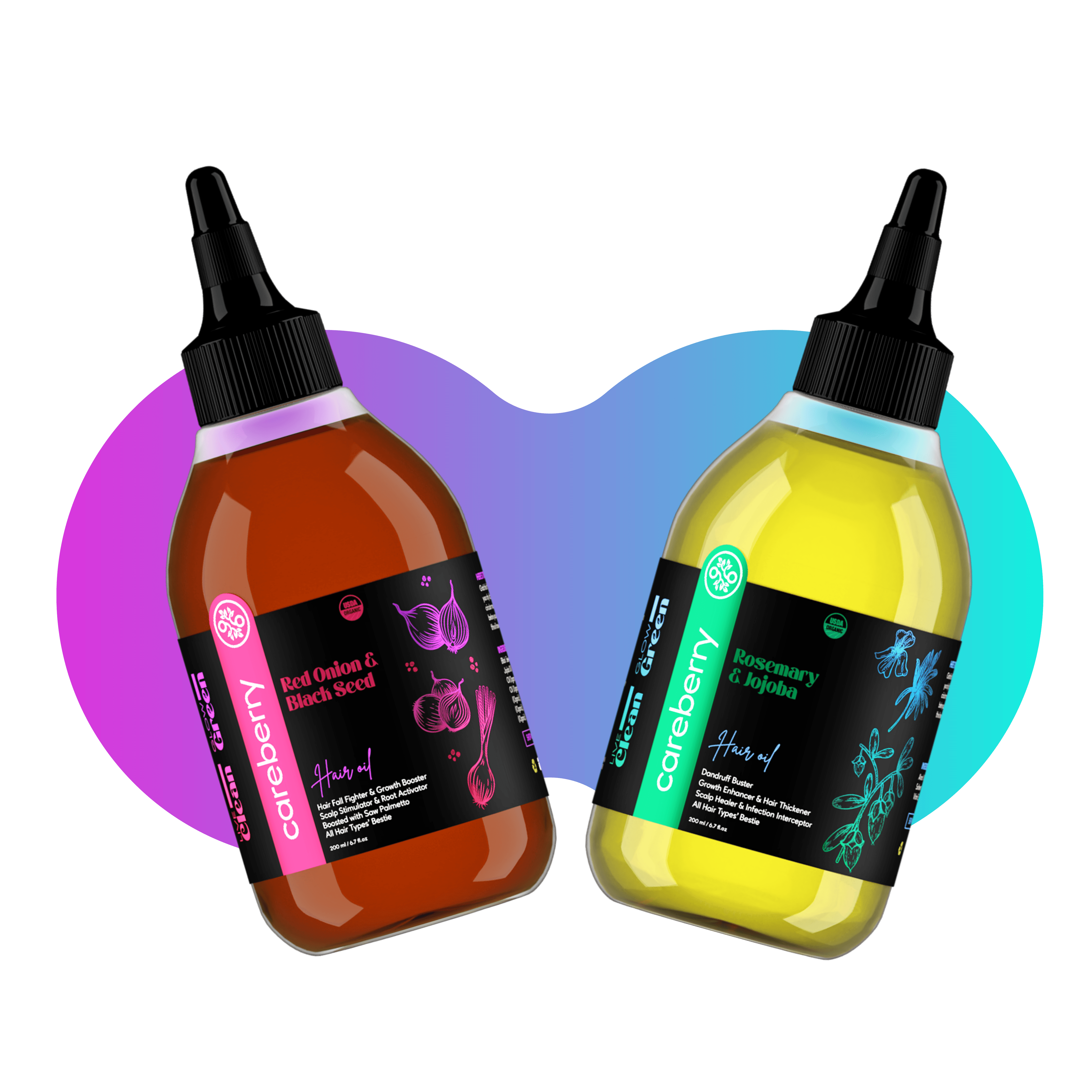 Organic Hair Oil Combo: Rosemary & Jojoba, Red Onion & Black Seed (200ml Each)