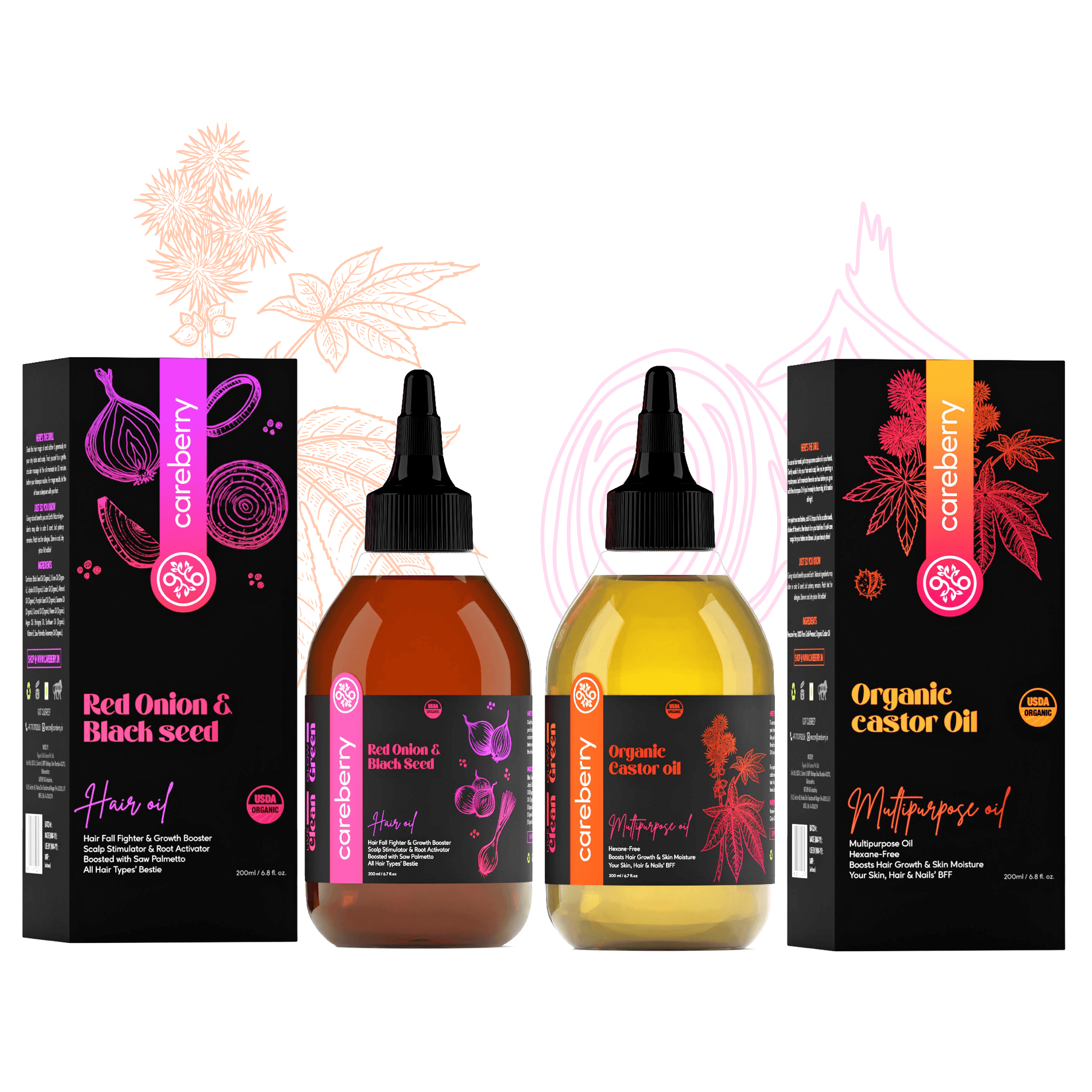 Bio-Haarpflege-Power-Trio: Rote Zwiebeln und Schwarzkümmel, Rosmarin und Jojoba, Rizinusöl-Kombination (je 200 ml)