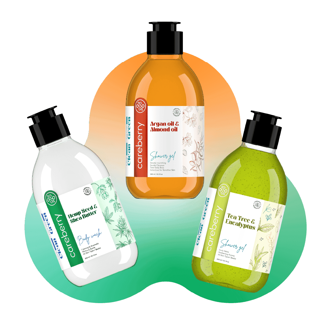 Radiant Skin Revival: Luxuriöses Duschgel-Set – Hanfsamen, Teebaum &amp; Eukalyptus, Argan &amp; Mandel, Goldene Beeren &amp; Goldstaub (je 100 ml)