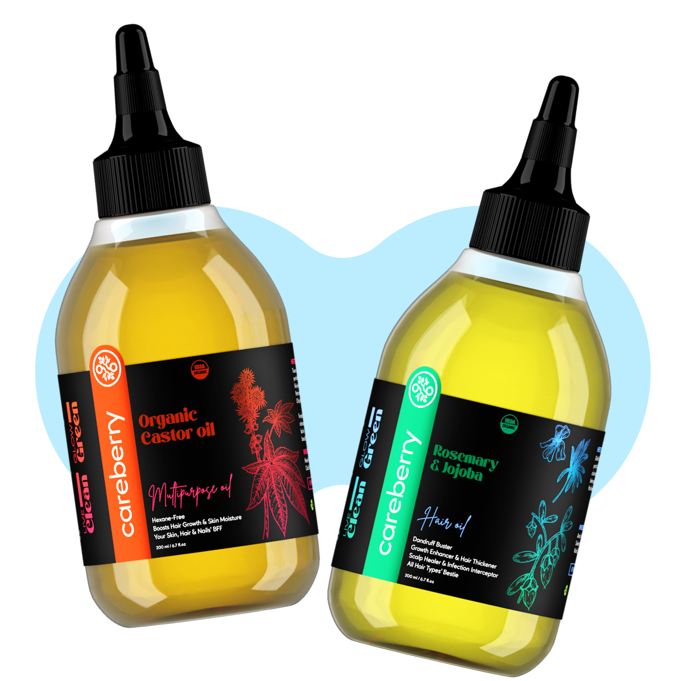 Organic Hair Growth Combo: Rosemary & Jojoba Hair Oil + Organic Castor Oil (200ml Each)